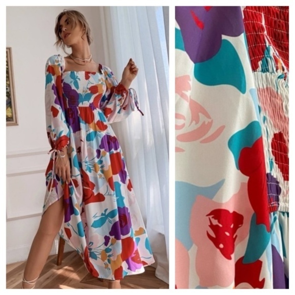 All About May Purple Blue Red Colorful Floral Smocked Midi Dress